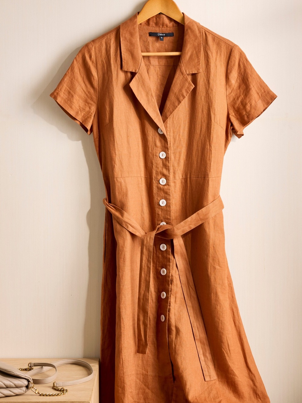 Quince Linen Button-Front Midi Dress in Rust Orange
